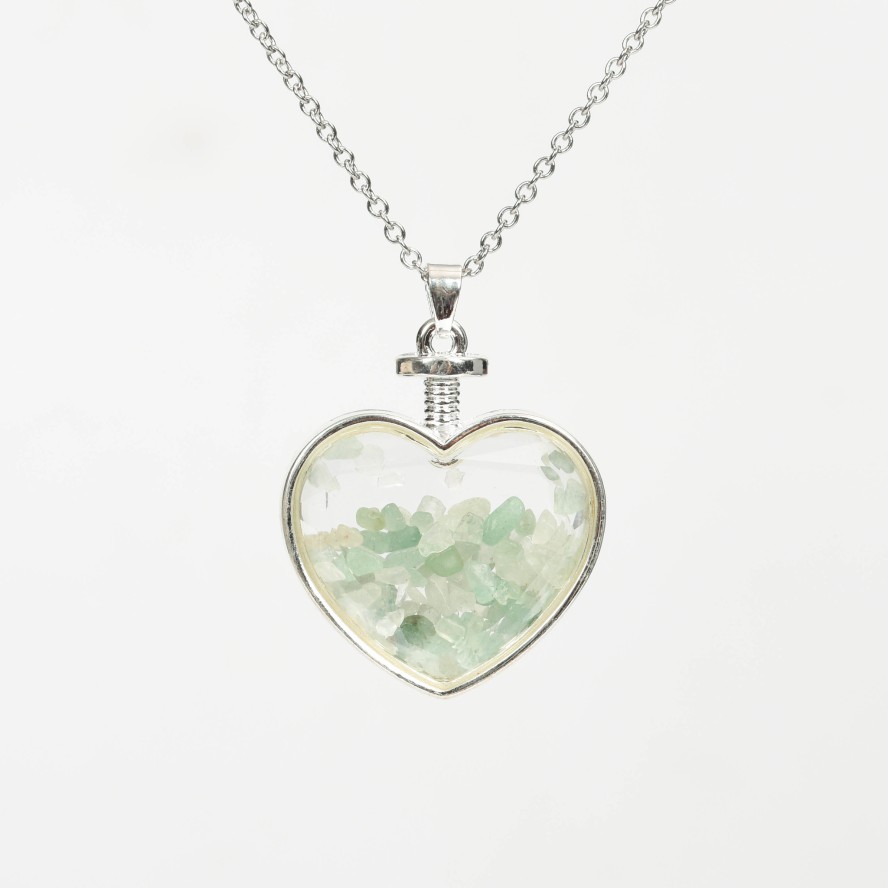 Crystal Chips In Heart Glass Pendant Necklace